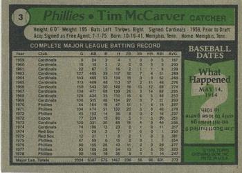 1979 Topps Burger King Philadelphia Phillies #3 Tim McCarver Back