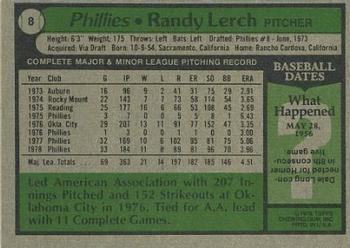 1979 Topps Burger King Philadelphia Phillies #8 Randy Lerch Back