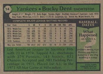 1979 Topps Burger King New York Yankees #14 Bucky Dent Back