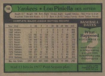 1979 Topps Burger King New York Yankees #18 Lou Piniella Back