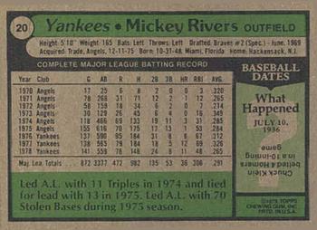 1979 Topps Burger King New York Yankees #20 Mickey Rivers Back