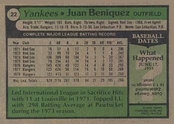 1979 Topps Burger King New York Yankees #22 Juan Beniquez Back