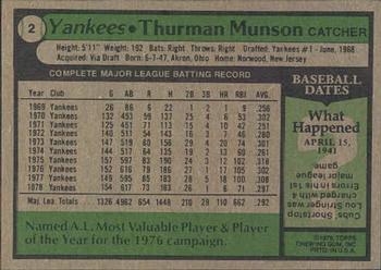 1979 Topps Burger King New York Yankees #2 Thurman Munson Back
