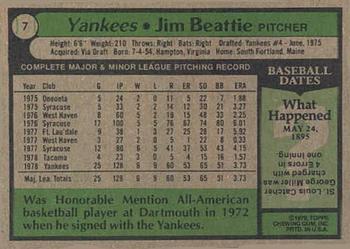 1979 Topps Burger King New York Yankees #7 Jim Beattie Back