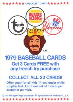 1979 Topps Burger King New York Yankees #NNO Checklist Front