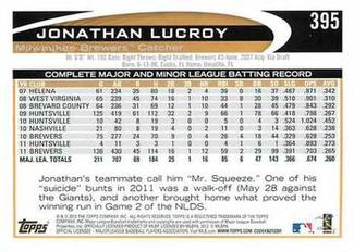 2012 Topps Mini #395 Jonathan Lucroy Back