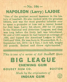 1933 Goudey (R319) #106 Nap Lajoie Back