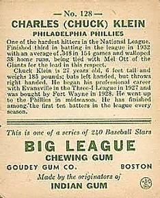 1933 Goudey (R319) #128 Chuck Klein Back
