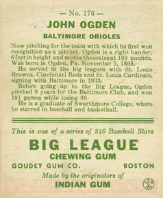 1933 Goudey (R319) #176 John Ogden Back