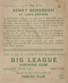 1933 Goudey (R319) #1 Benny Bengough Back