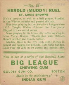 1933 Goudey (R319) #18 Muddy Ruel Back