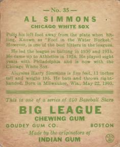1933 Goudey (R319) #35 Al Simmons Back