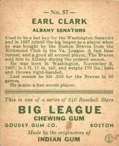 1933 Goudey (R319) #57 Earl Clark Back