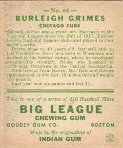 1933 Goudey (R319) #64 Burleigh Grimes Back