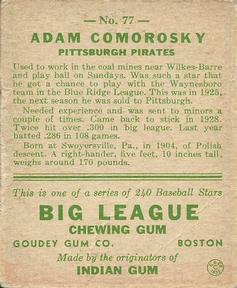 1933 Goudey (R319) #77 Adam Comorosky Back