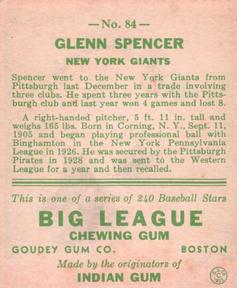 1933 Goudey (R319) #84 Glenn Spencer Back