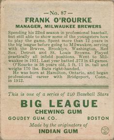 1933 Goudey (R319) #87 Frank O'Rourke Back