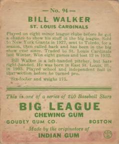 1933 Goudey (R319) #94 Bill Walker Back