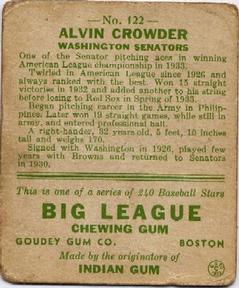 1933 Goudey (R319) #122 Alvin Crowder Back