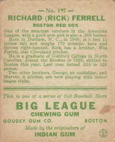 1933 Goudey (R319) #197 Rick Ferrell Back
