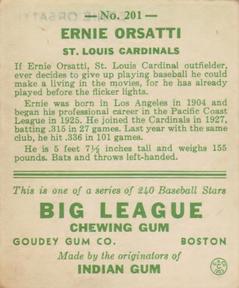1933 Goudey (R319) #201 Ernie Orsatti Back