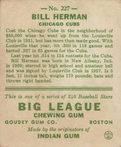 1933 Goudey (R319) #227 Billy Herman Back