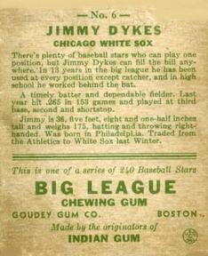 1933 Goudey (R319) #6 Jimmie Dykes Back