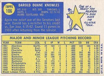 1970 Topps #106 Darold Knowles Back