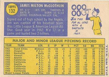 1970 Topps #132 Jim McGlothlin Back