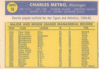 1970 Topps #16 Charlie Metro Back