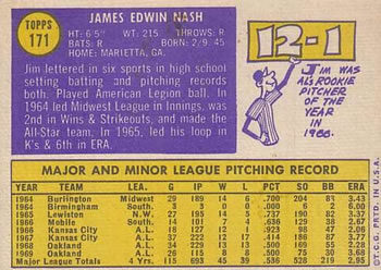 1970 Topps #171 Jim Nash Back