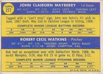 1970 Topps #227 Astros 1970 Rookie Stars (John Mayberry / Bob Watkins) Back