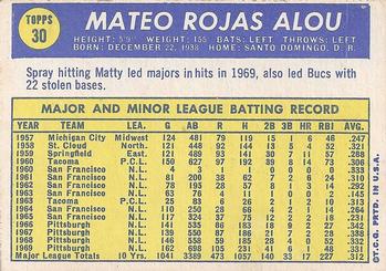1970 Topps #30 Matty Alou Back