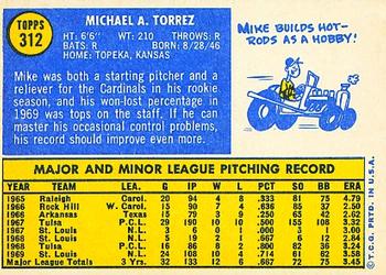 1970 Topps #312 Mike Torrez Back
