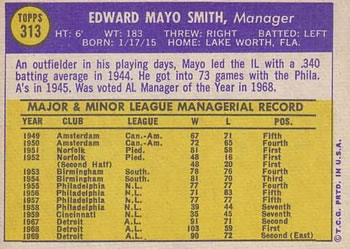 1970 Topps #313 Mayo Smith Back