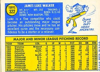 1970 Topps #322 Luke Walker Back