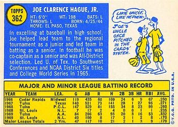 1970 Topps #362 Joe Hague Back