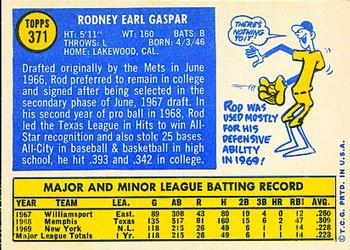 1970 Topps #371 Rod Gaspar Back