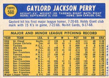 1970 Topps #560 Gaylord Perry Back