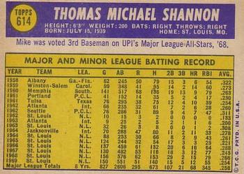 1970 Topps #614 Mike Shannon Back