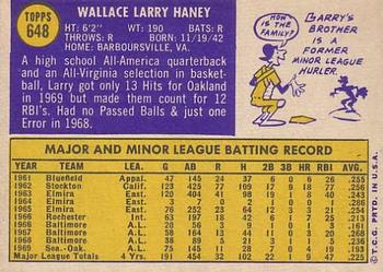1970 Topps #648 Larry Haney Back
