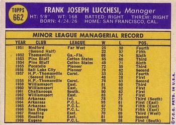 1970 Topps #662 Frank Lucchesi Back