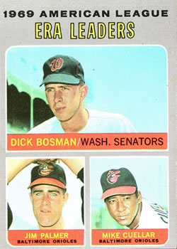 1970 Topps #68 1969 American League ERA Leaders (Dick Bosman / Jim Palmer / Mike Cuellar) Front