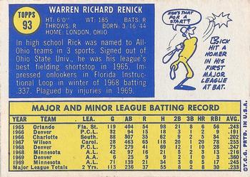 1970 Topps #93 Rick Renick Back