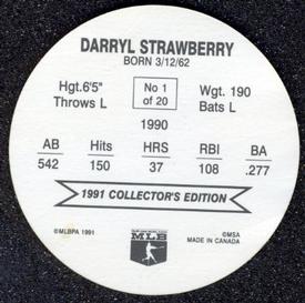 1991 Holsum Discs #1 Darryl Strawberry Back