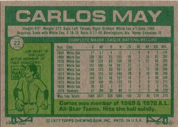 1977 Topps Burger King New York Yankees #22 Carlos May Back