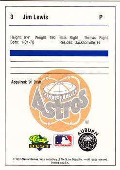 1991 Classic Best Auburn Astros #3 Jim Lewis Back