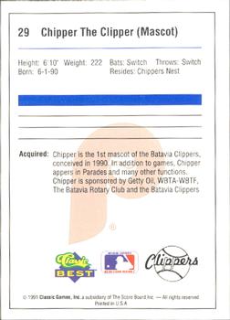 1991 Classic Best Batavia Clippers #29 Chipper the Clipper Back