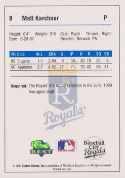 1991 Classic Best Baseball City Royals #8 Matt Karchner Back