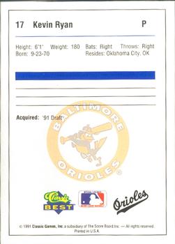 1991 Classic Best Bluefield Orioles #17 Kevin Ryan Back